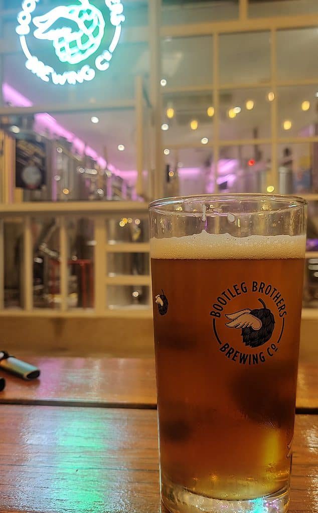 A pint of IPA craft beer in front of Bootleg Brother's brewing in Bangkok, Thailand. 