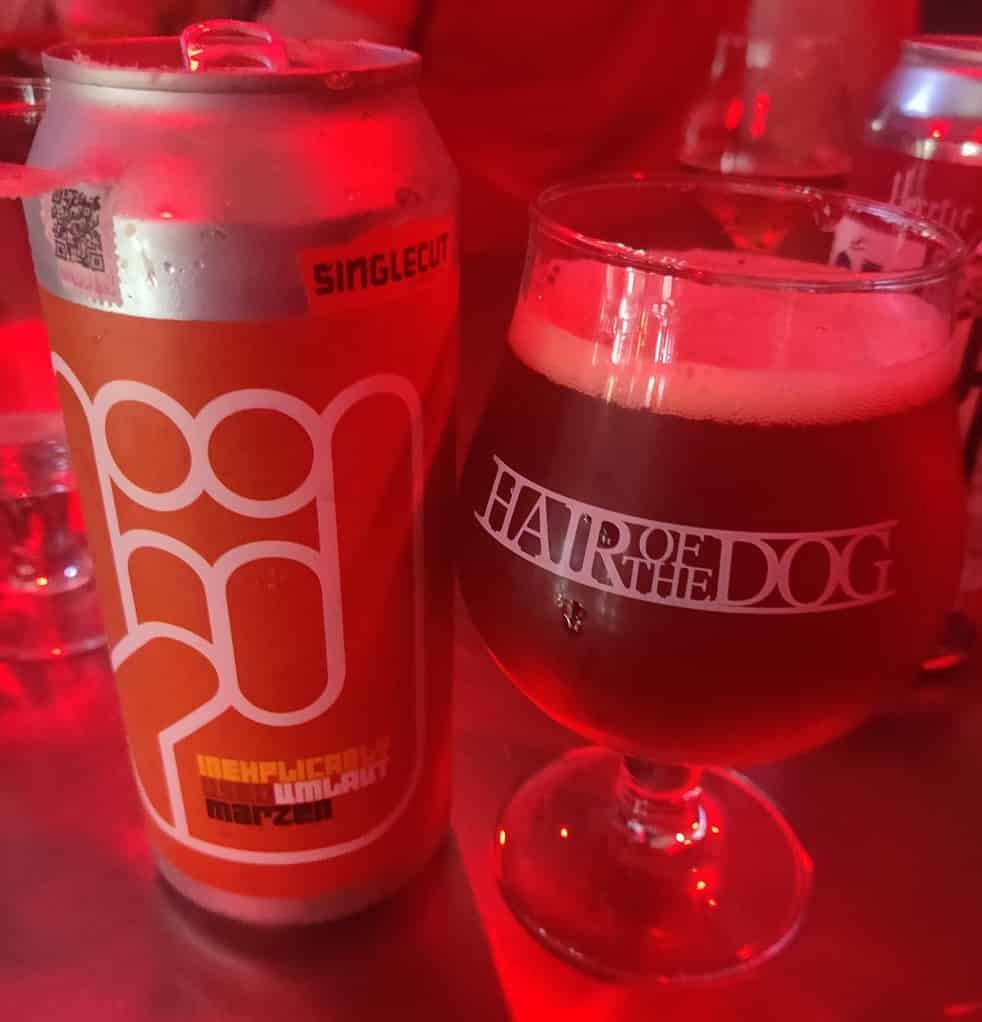 Hair of the Dog craft beer bar in Phloen Chit Bangkok Thailand.
Tall can of marzen beer by Singlecut brewery