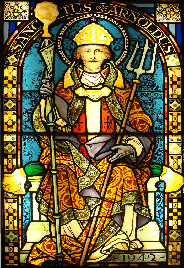 Stained glass image of St. Arnold, patron saint of beer.
https://brookstonbeerbulletin.com/beer-saints-st-arnold-of-soissons/