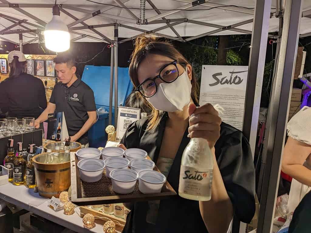 Sato, Thai alcohol, samples and for sale at Beer Market 2 at Chang Chui Creative Park in Bangkok, Thailand.
Organized by ประชาชนเบียร์ (Beer People).