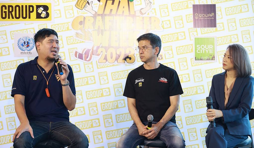 Thai Craft beer week press conference  at United People's Brewery in Bangkok Thailand. Three people speaking in a panel, including Member of Thai parliament, and the director of Group B.
Courtesy of Group B Press release.