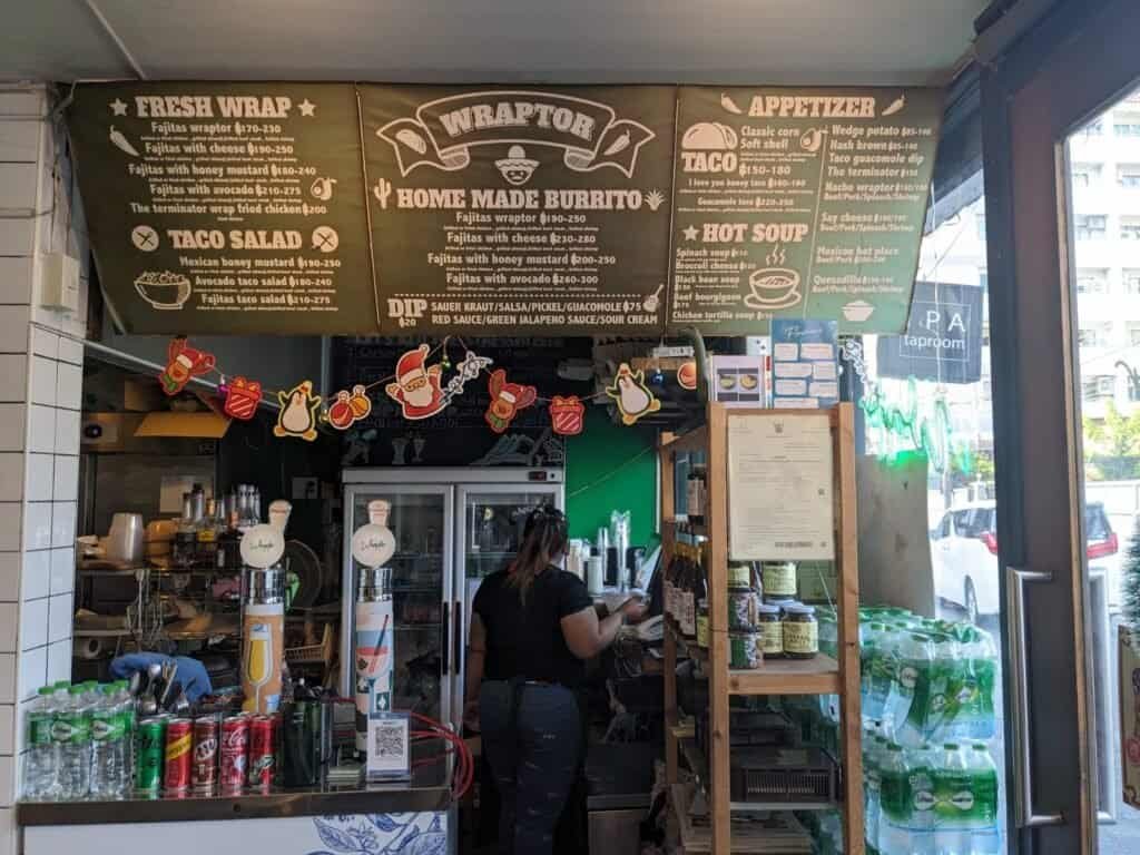 Menu at Wraptor in Bangkok Thailand, serving good tex mex food and cold craft beer.