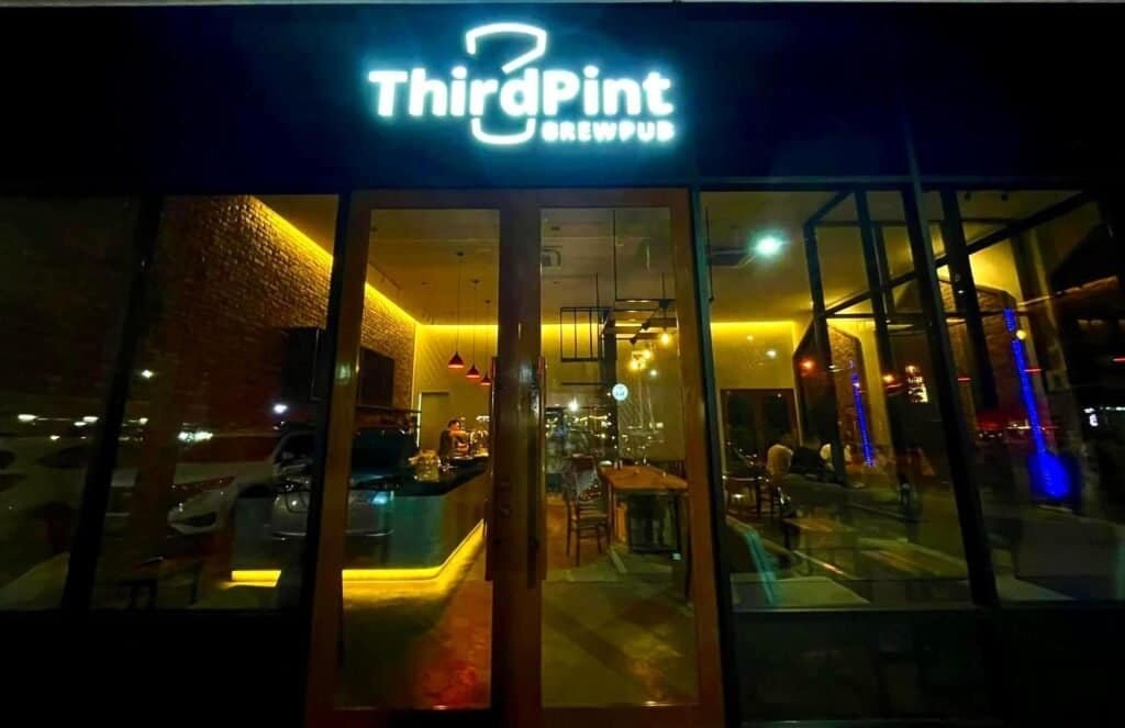 Entrance at night to Third Pint Brewpub - Craft Beer 'n Coffee. 