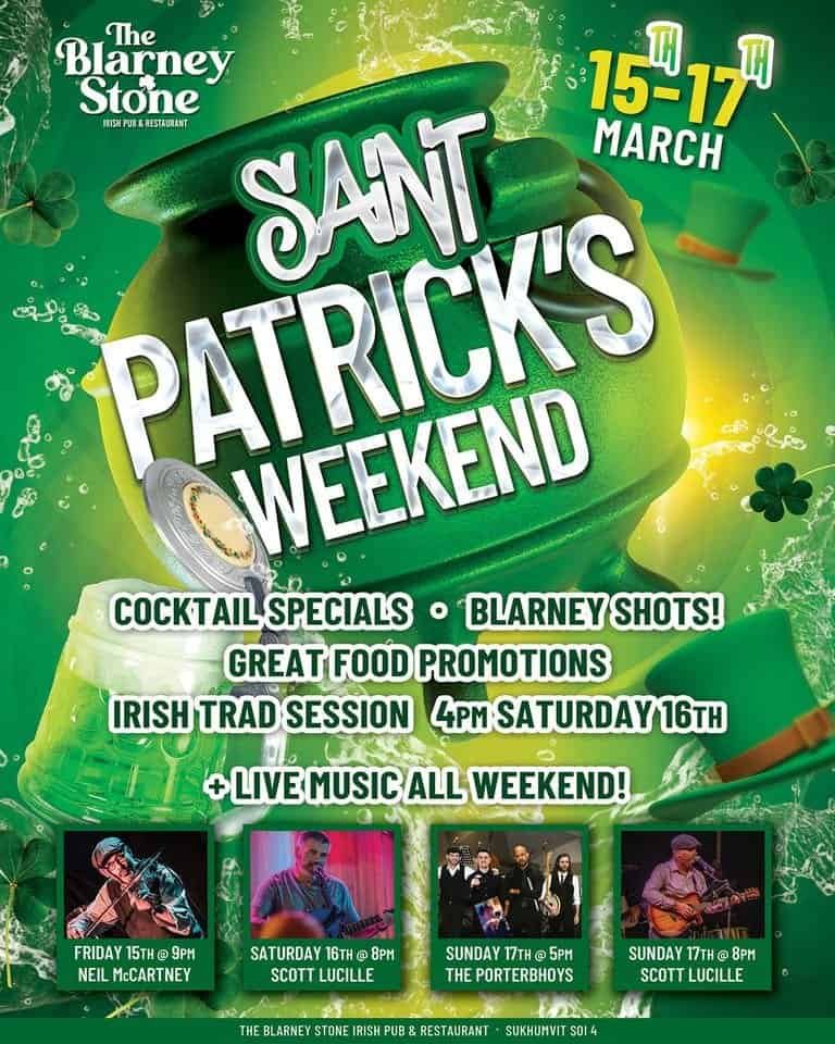 Saint Patrick's weekend poster by The Blarney Stone Irish bar in Bangkok Thailand