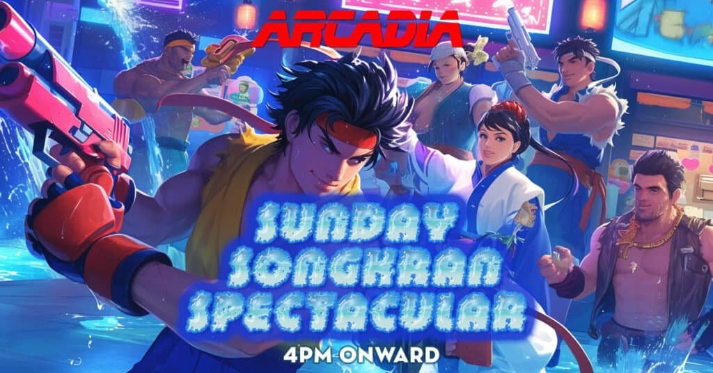 Event poster for Songkran event happening in Bangkok Thailand at Arcadia Barcade.
Craft beer and more 
