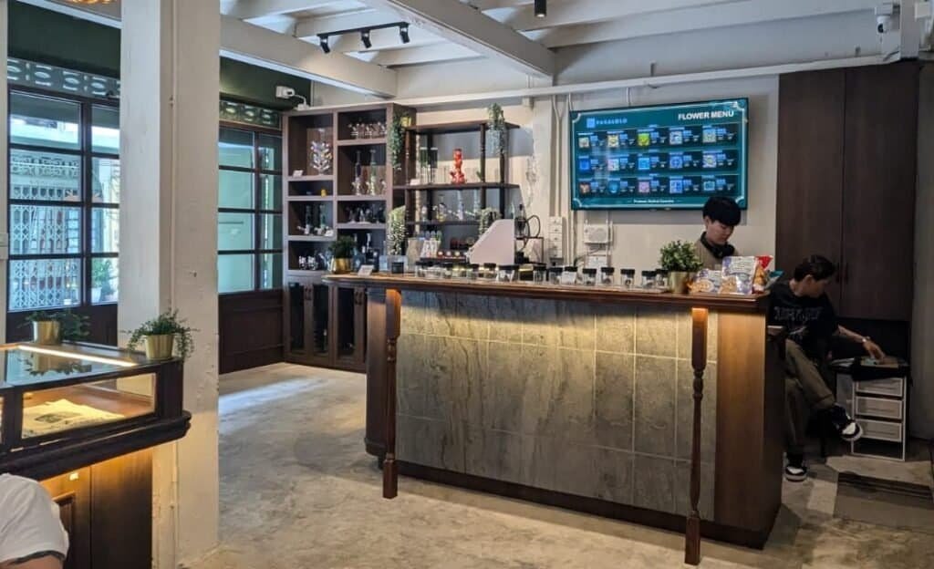 View of the counter and menu at Pakalolo Cafe - Tha Tian; Cannabis and Craft beer shop in Bangkok Thailand